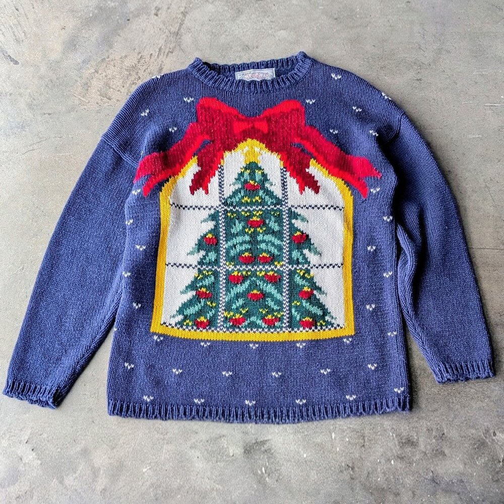 Vintage Christmas Tree Knit Crewneck Holiday Sweater medium